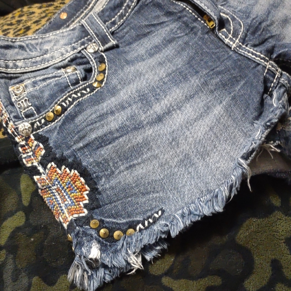 Miss Me Distressed Blue Jean Shorts with Multicolor Embroidery - Picture 3 of 11